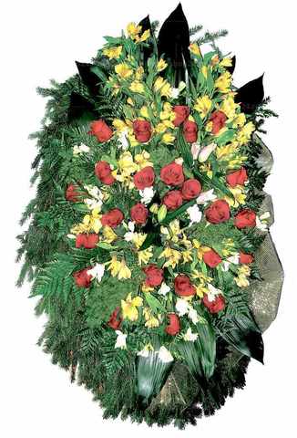 Венок из живых цветов розы, аспидистры, альстромерии