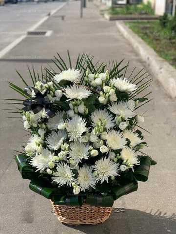Корзина из живых цветов белые хризантемы и лизиантусы