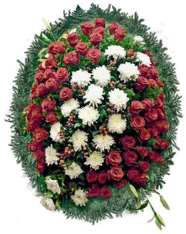 Венок из живых цветов розы, хризантемы, лилии