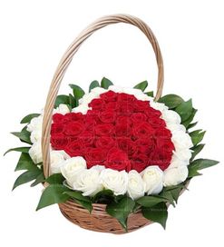 Ритуальная корзина из 50 красных и белых роз в виде сердца