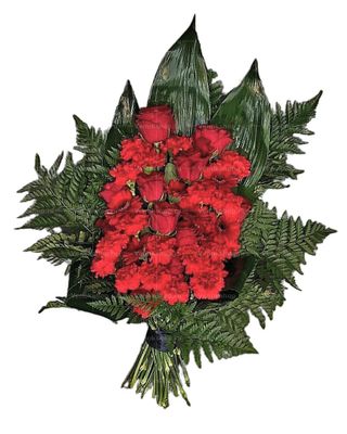 Траурный букет из красных роз, гвоздик и гербер
