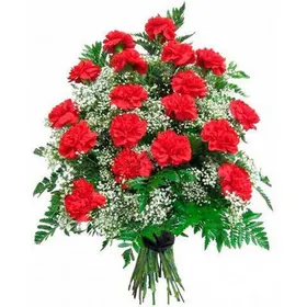 Траурный букет из 24 гвоздик, гипсофил и папоротника