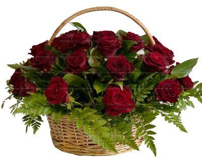 Ритуальная корзина из живых цветов 30 красных роз и папоротника