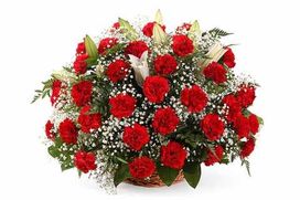 Ритуальная корзина из живых цветов 50 красных гвоздик и лилий