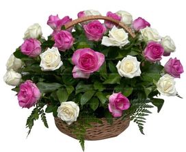 Ритуальная корзина из живых цветов 30 белых и розовых роз и папоротника