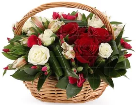 Ритуальная корзина из живых роз, кустовых гвоздик и альстромерии