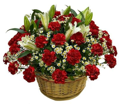 Ритуальная корзина из живых цветов 50 красных гвоздик, лилий и ромашки