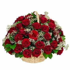 Ритуальная корзина из живых цветов 50 красных роз и гипсофил